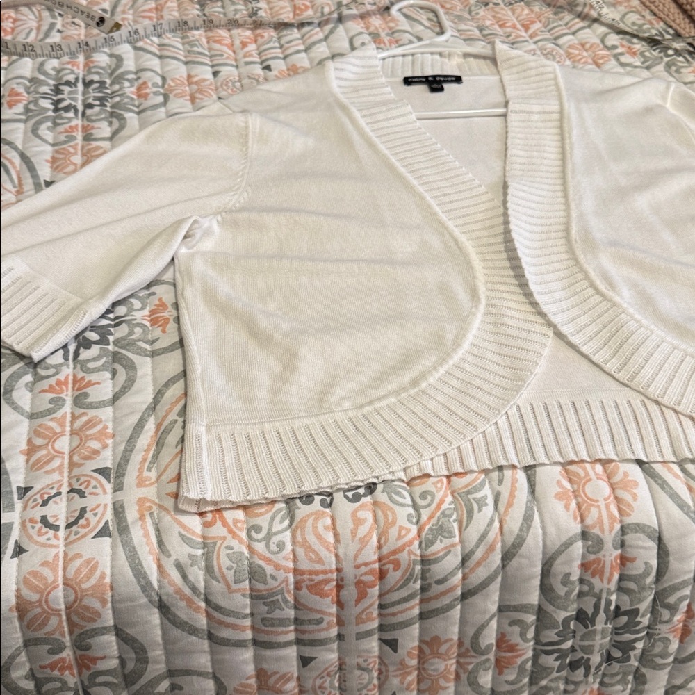Cable & Guage white 3/4 sleeve open-front cropped cardigan shrug sweater Large - Picture 7 of 8